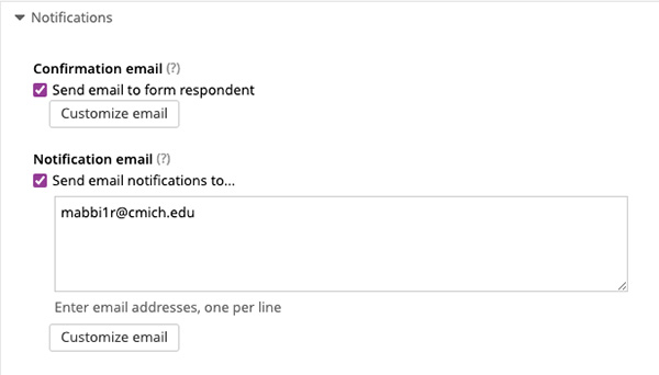 How to set up form confirmation emails for users and form completion notifications for form owners and others.