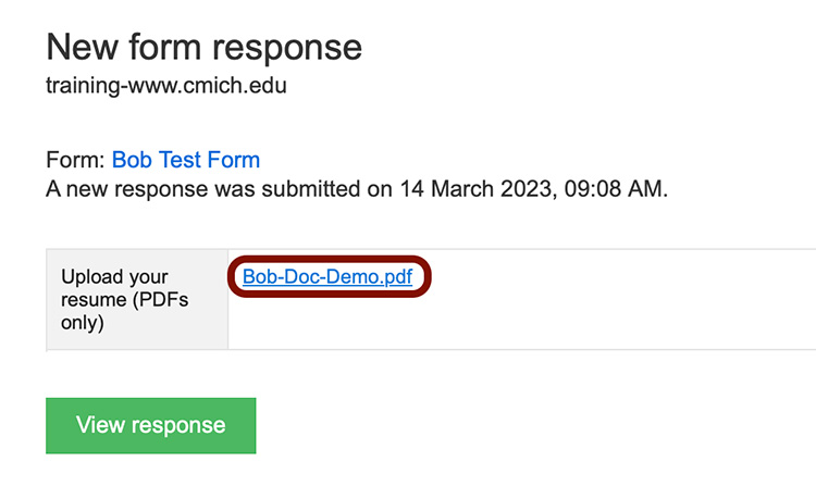 Example of form response email notification with uploaded PDF document
