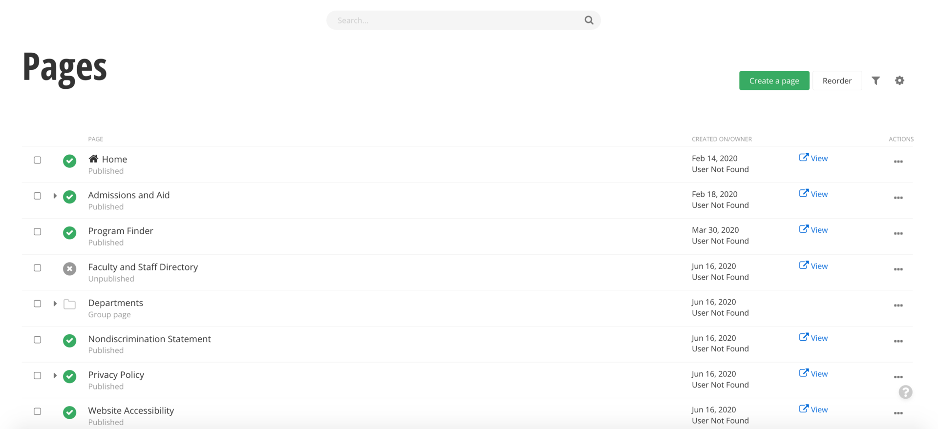 Screenshot of the backend of Sitefinity showing the pages tab.