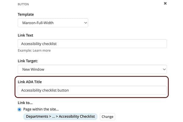Screenshot of back end of the button widget with the Link ADA Title field filled in with the text 