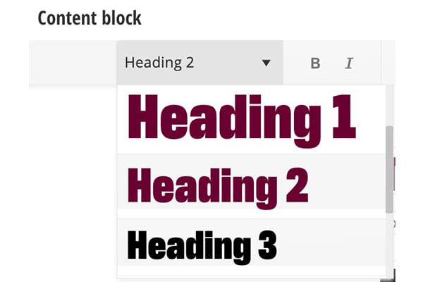 Screenshot of the Format dropdown in the Content Block widget opened showing Heading 1, Heading 2, Heading 3 in a list.