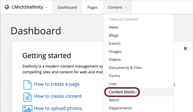 From the dashboard, find Content Blocks under the Content tab
