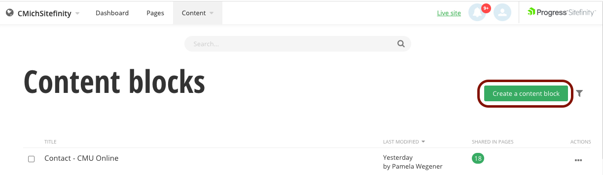 Highlighting the green Create a Content Block button