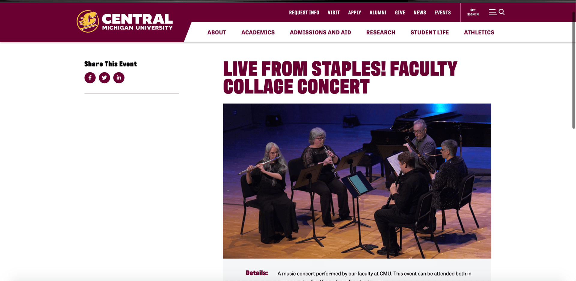 Screenshot of the event page on cmich.edu.