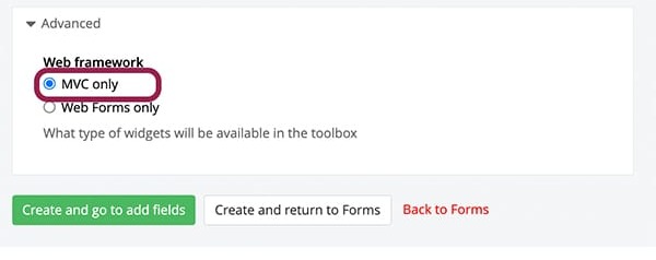 A screenshot of the create a form screen with the MVC only options circled in maroon.