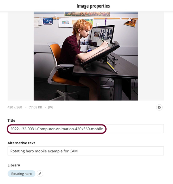 Screen shot shows example of how to name images in a Rotating hero folder