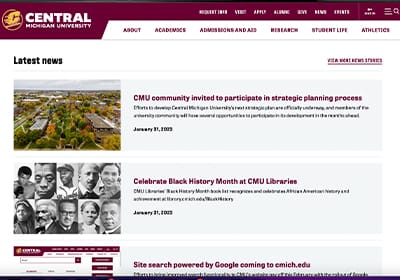 A screenshot of a webpage in Sitefinity showing the CMU News widget.