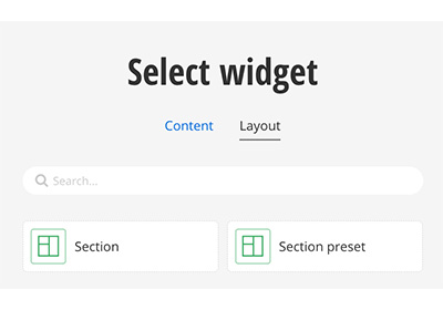 A screenshot of the layout selector in the .NET Core editor in Sitefinity showing the section and section preset options.