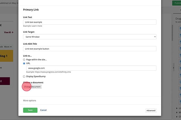 A screenshot showing a red circle around the Change document button for linking to a page in the sidebar callout widget.