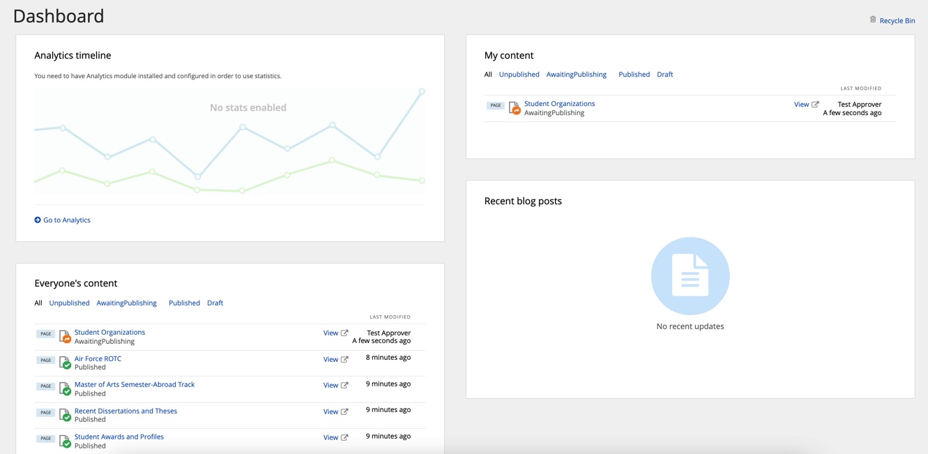 Screen capture of the dashboard showing the Student Organizations page as Awaiting Publishing.