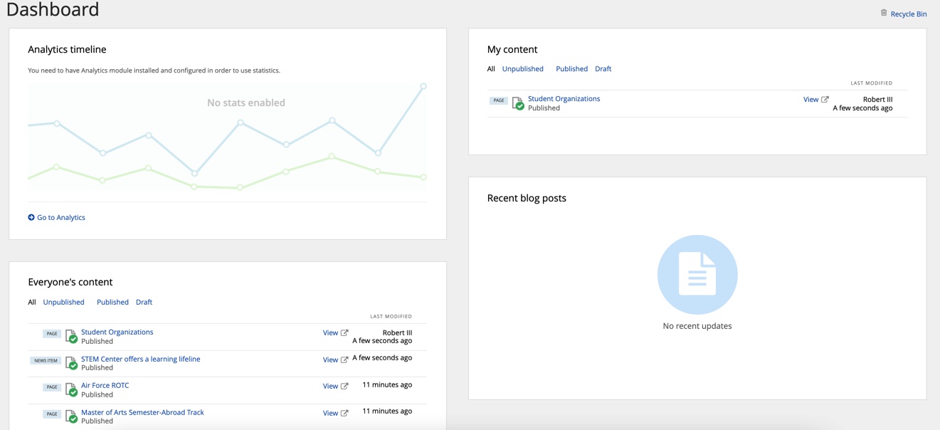 A screenshot of the Dashboard page in Sitefinity.