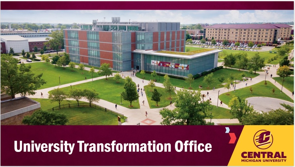 View above Central Michigan University Buildings, University Transformation Office, flying C, Central Michigan University