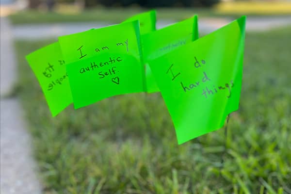 Green utility flags in the grass. They said I do hard things and I am my authentic self with a heart. This is part of the World Mental Health Day Campaign.