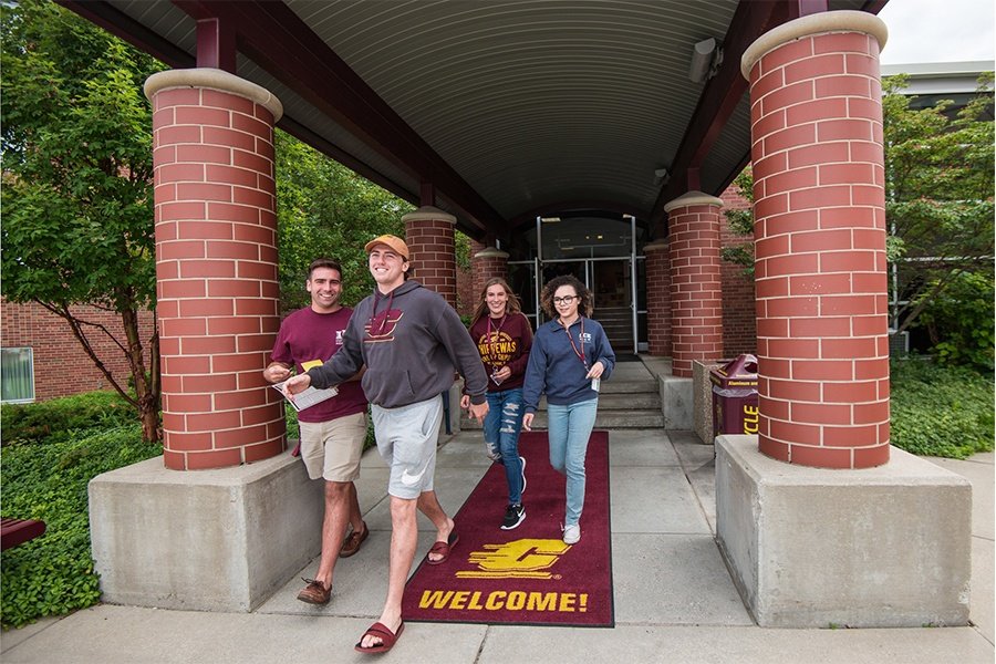 Students walking out of East Campus Residence