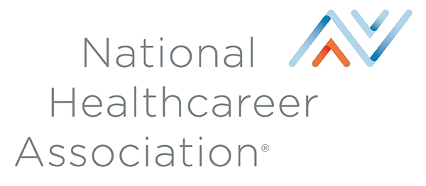 The words National Heathcareer Association next to blue and orange arrows.