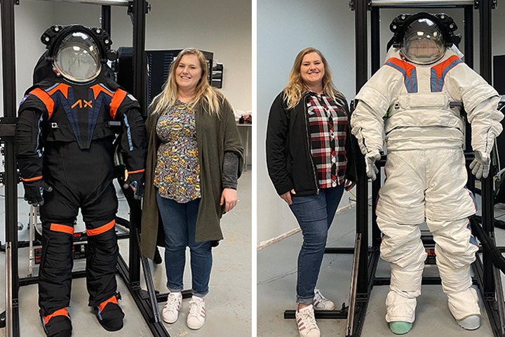 Collage of two vertical images. On the left, a woman stands next to a black prototype of a spacesuit. On the right, the same woman stands next to a white prototype of a spacesuit.