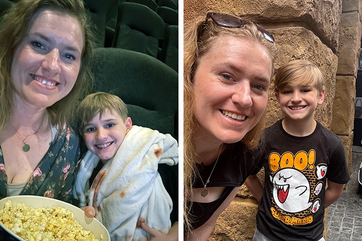 A collage of two vertical images. On the left, a woman and a young boy pose with a bowl of popcorn in a movie theatre. Both are smiling for the camera. On the right, the same woman and boy pose for a selfie, both smiling.