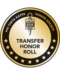 Circular seal with the text Phi Theta Kappa Honor Society Transfer Honor Roll in gold.