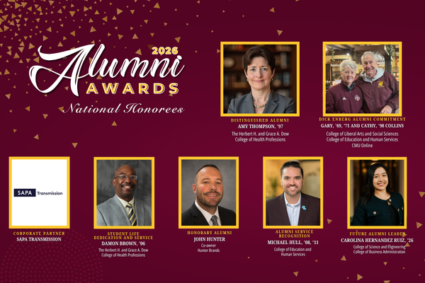 7 headshots on a maroon background with 2026 Alumni Awards logo and text National Honorees. Text indicates award, recipient names, and degree information. This information is replicated on the page and available on each biography.