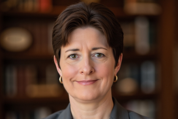 A woman with short dark hair wearing a suit and gold necklace.