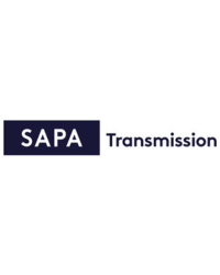A logo with white text that reads SAPA that has a blue box around it and blue text that reads Transmission next to it.
