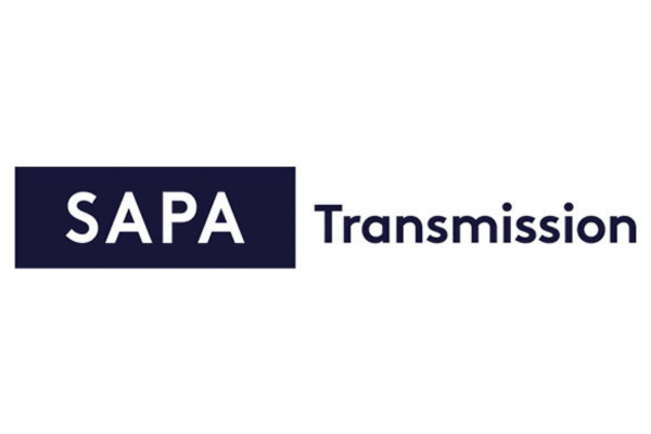 A logo with white text that reads SAPA that has a blue box around it and blue text that reads Transmission next to it.
