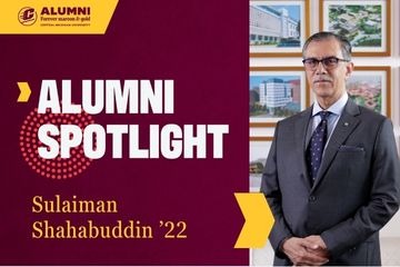 A CMU Alumni Spotlight graphic featuring a professional portrait of Sulaiman Shahabuddin, '22, standing in a suit and glasses in front of a wall of photos.