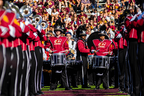 20211123_Student Life_MarchingBand_002_600x400 The Central Michigan University Marching Band performing at a home game.
