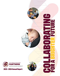 Annual report with photos of a baby, medical residents and providers.